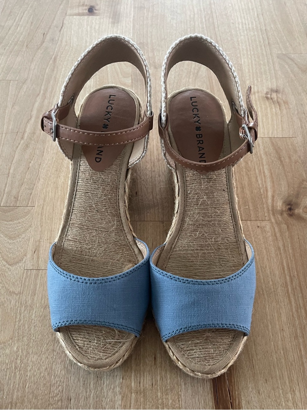 Lucky Brand Light Blue Canvas & Brown Ankle Strap Wedge Sandals